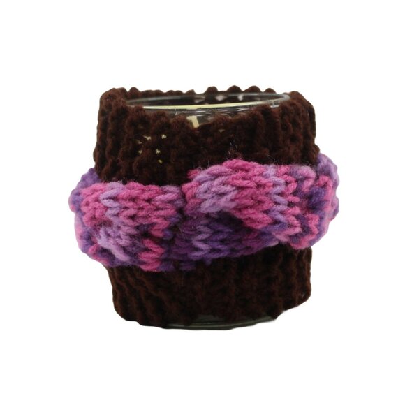 Handmade Hand Knit Coffee Brown Pink Purple Cable Knit Candle Cozy - Picture 3 of 6